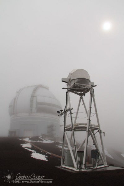 The CFHT/Gemini weather tower looms in the fog