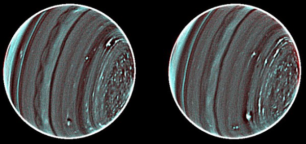 The two faces of Uranus as seen through the adaptive optics on the near-infrared camera of the Keck II telescope in Hawaii.  Credit: Lawrence Sromovsky, Pat Fry, Heidi Hammel, Imke de Pater.
