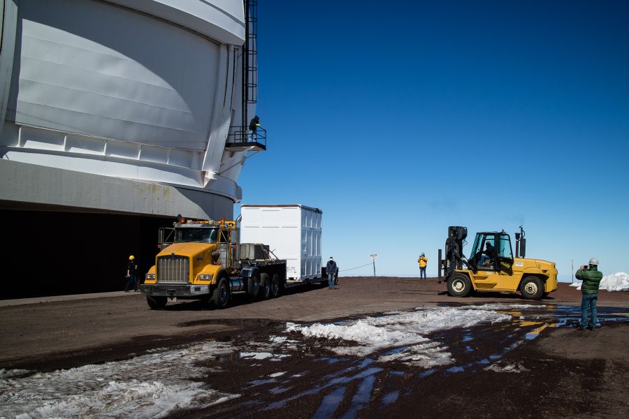 KCWI being lifted off the trailer at Keck Observatory on the summit of Mauna Kea, Jan 20, 2017