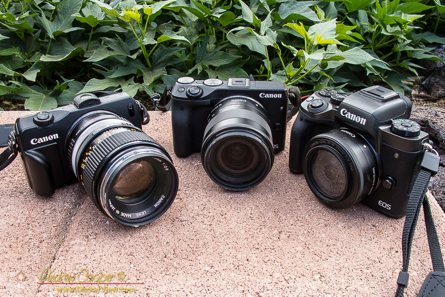 A trio of EOS M's, including the original M, the M3 and the M5 (left to right)