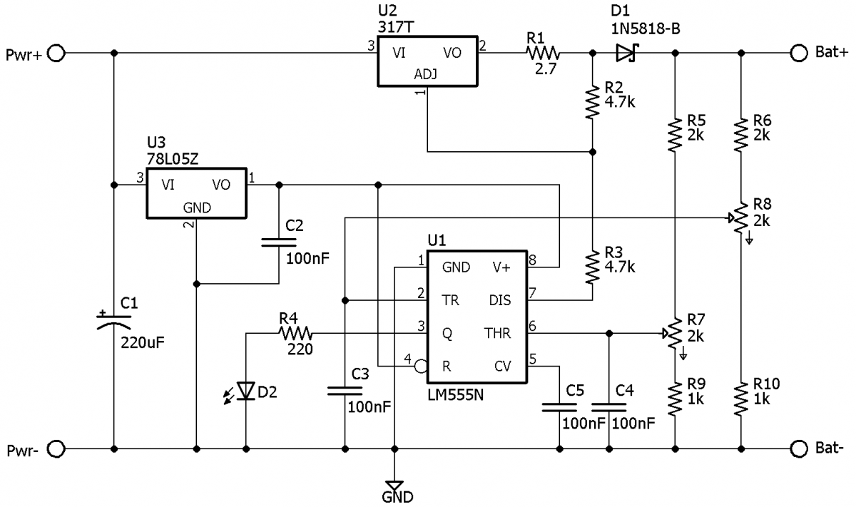 The schematic for the 6V lead-acid battery charger
