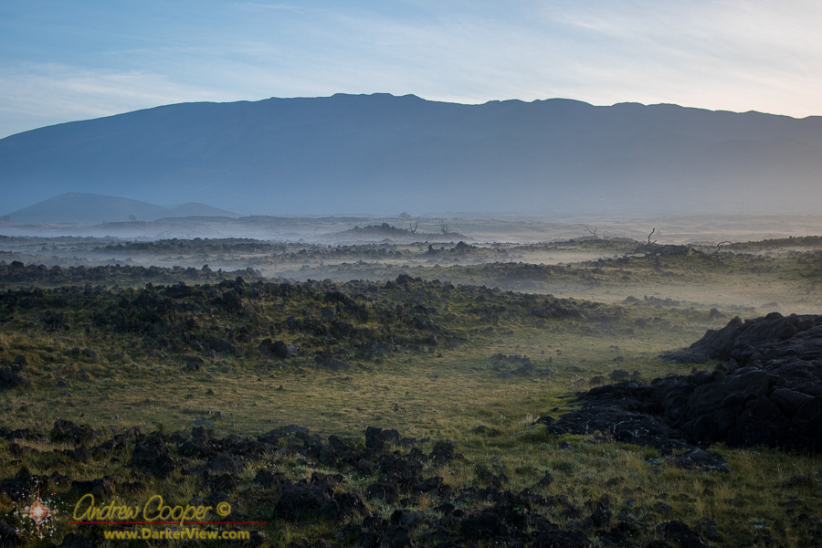 A low ground fog covers the hollows with Mauna Kea in the background