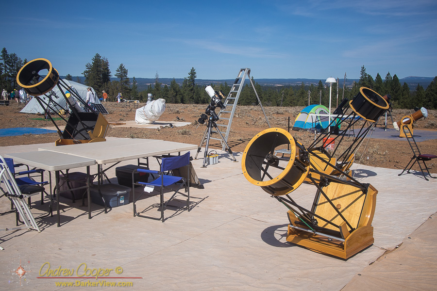 An assortment of telescopes wait out the day at oregon Star Party 2017
