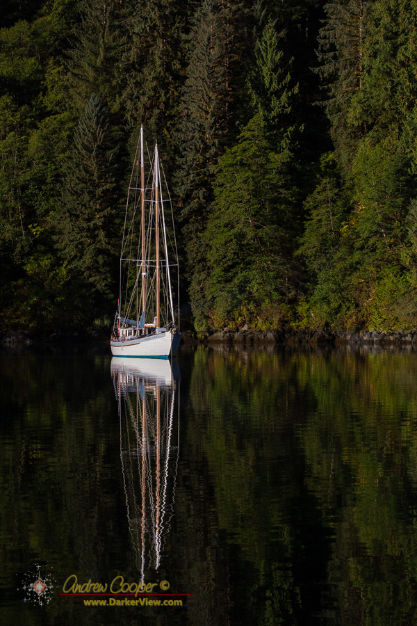 The sailboat Passing Cloud at anchor in Khutze Inlet