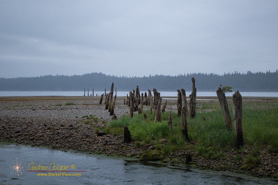 Old pilings across the sand and gravel from Gypsum Creek into Iyoukeen Cove