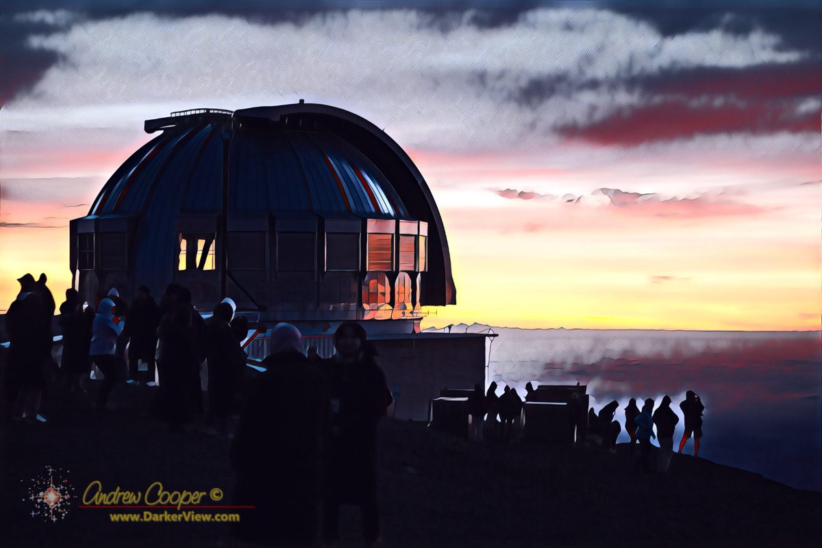 The United Kingdom Infrared Telescope surrounded by the sunset crowd