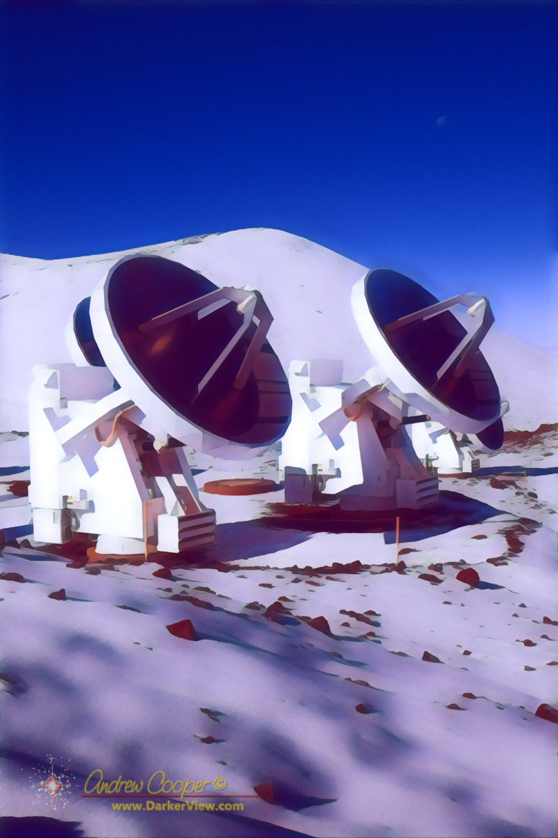 A pair of antennas of the Smithsonian Submillimeter Array in the snow