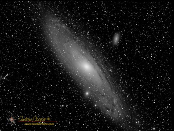 M31 or the Andromeda Galaxy, with M110 visible above and M32 visible below the core