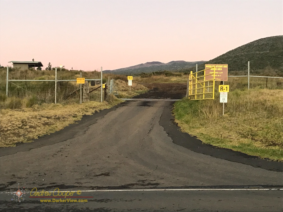 The gate into the Kaʻohe Game Management Area and the start of the R-1 road at Kilohana