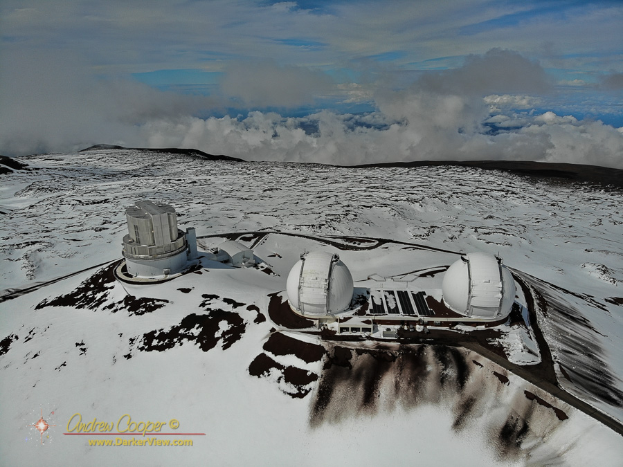 Keck and Subaru in the snow atop the summit of Mauna Kea