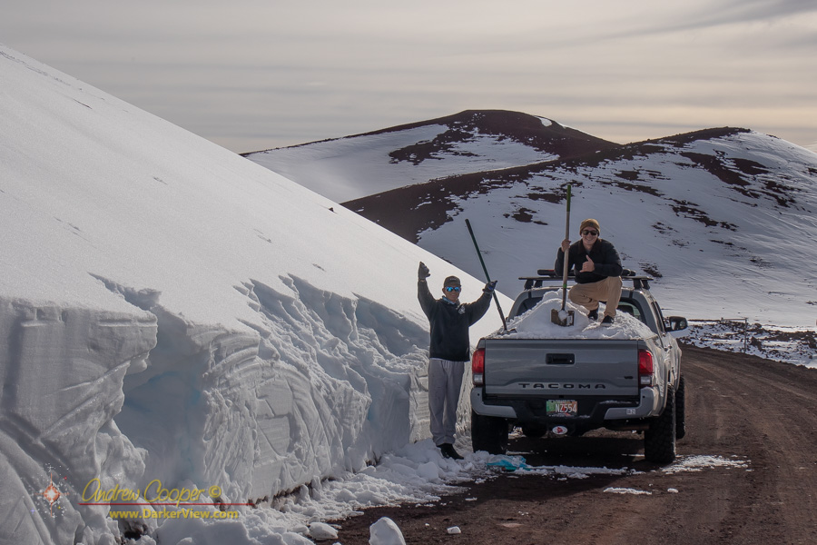 Driving to the summit of Mauna Kea to load snow into a pickup