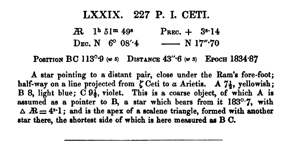 The entry for LXXIX 227 P.I. Ceti from The Bedford Catalog, Capt. William Smyth