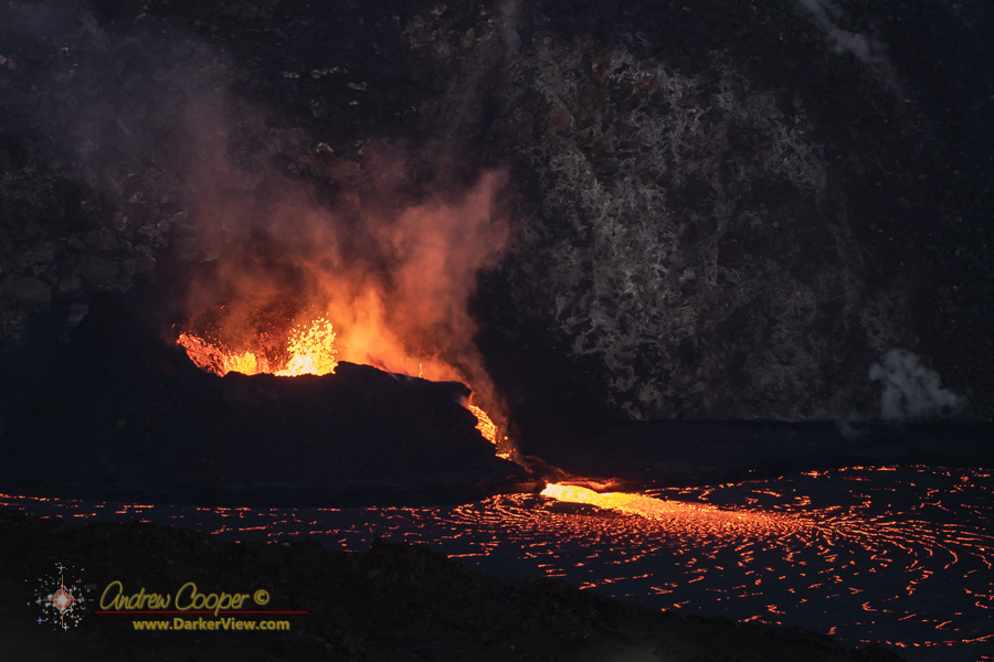 The western vent spilling lava into the lake at Halemaʻumaʻu