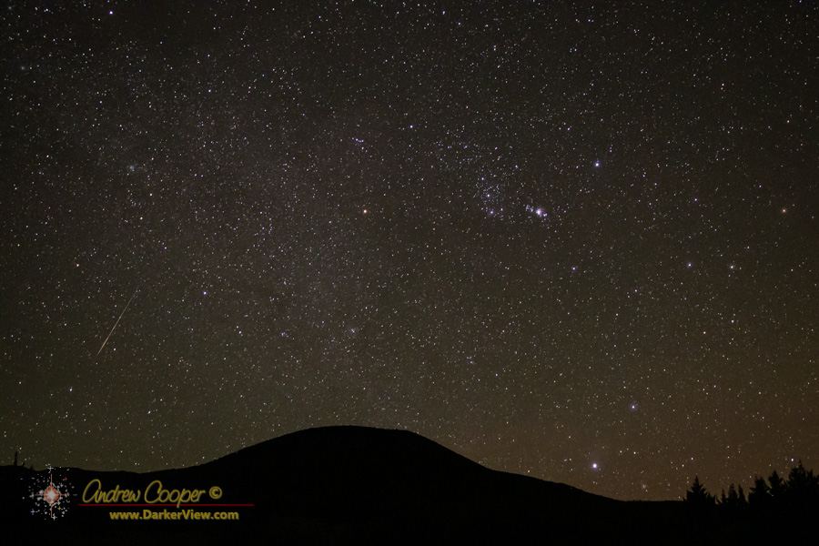 Orion, Taurus rising over Ahumoa with aand possible Southern Taurid meteor