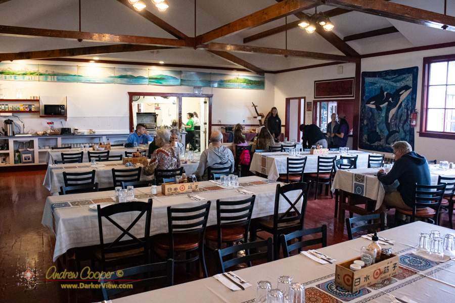 The old cannery dining hall serves breakfast at Orca Adventure Lodge