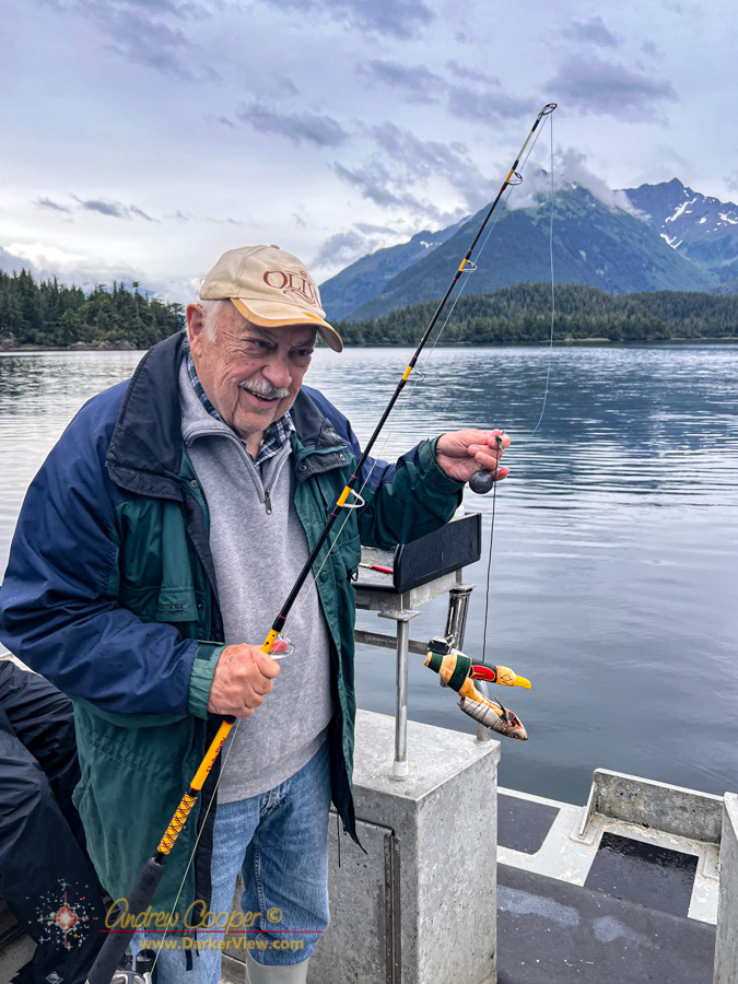 Fred Cooper fishing with a traditional northwest indian halibut fishhook