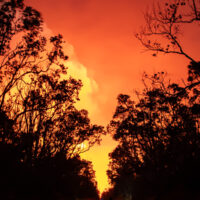 The bright glow from episode 45 lights the sky over the trail leading to the Keanakako'i Overlook at Kilauea on the morning of April 23, 2026