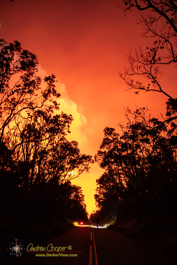 The bright glow from episode 45 lights the sky over the trail leading to the Keanakakoʻi Overlook at Kilauea on the morning of April 23, 2026