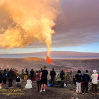 A dawn crowd watching episode 45 from the Keanakako'i Overlook at Kilauea Caldera