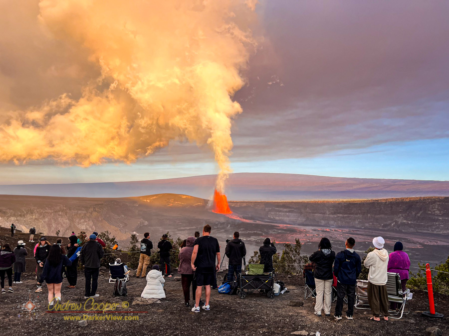 A dawn crowd watching episode 45 from the Keanakakoʻi Overlook at Kilauea Caldera