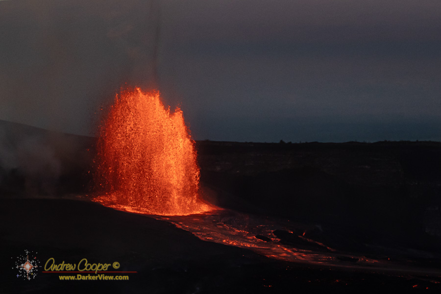 The tall lava fountian of episode 45 in Kilauea Caldera as photographed from the Keanakako'i Overlook, on the morning of April 23 , 2026