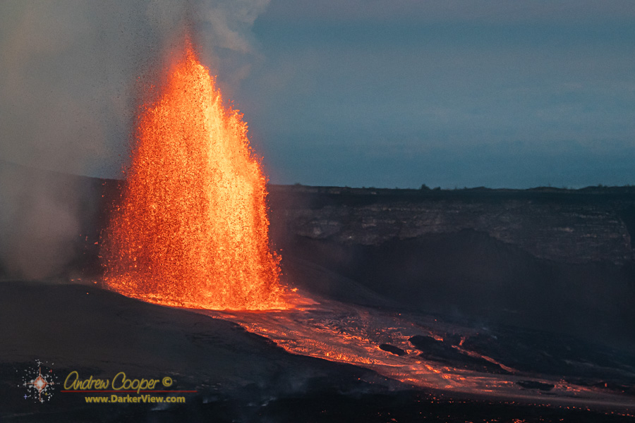 The tall lava fountian of episode 45 in Kilauea Caldera as photographed from the Keanakako'i Overlook, on the morning of April 23 , 2026